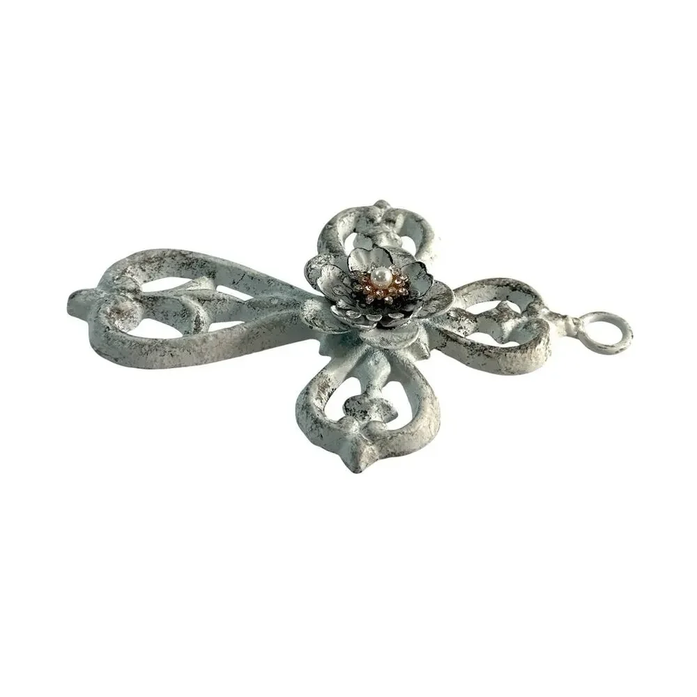 Small Distressed White Cast Iron Cross Wall Hanging Floral Pearl Rhinestone 5.5”